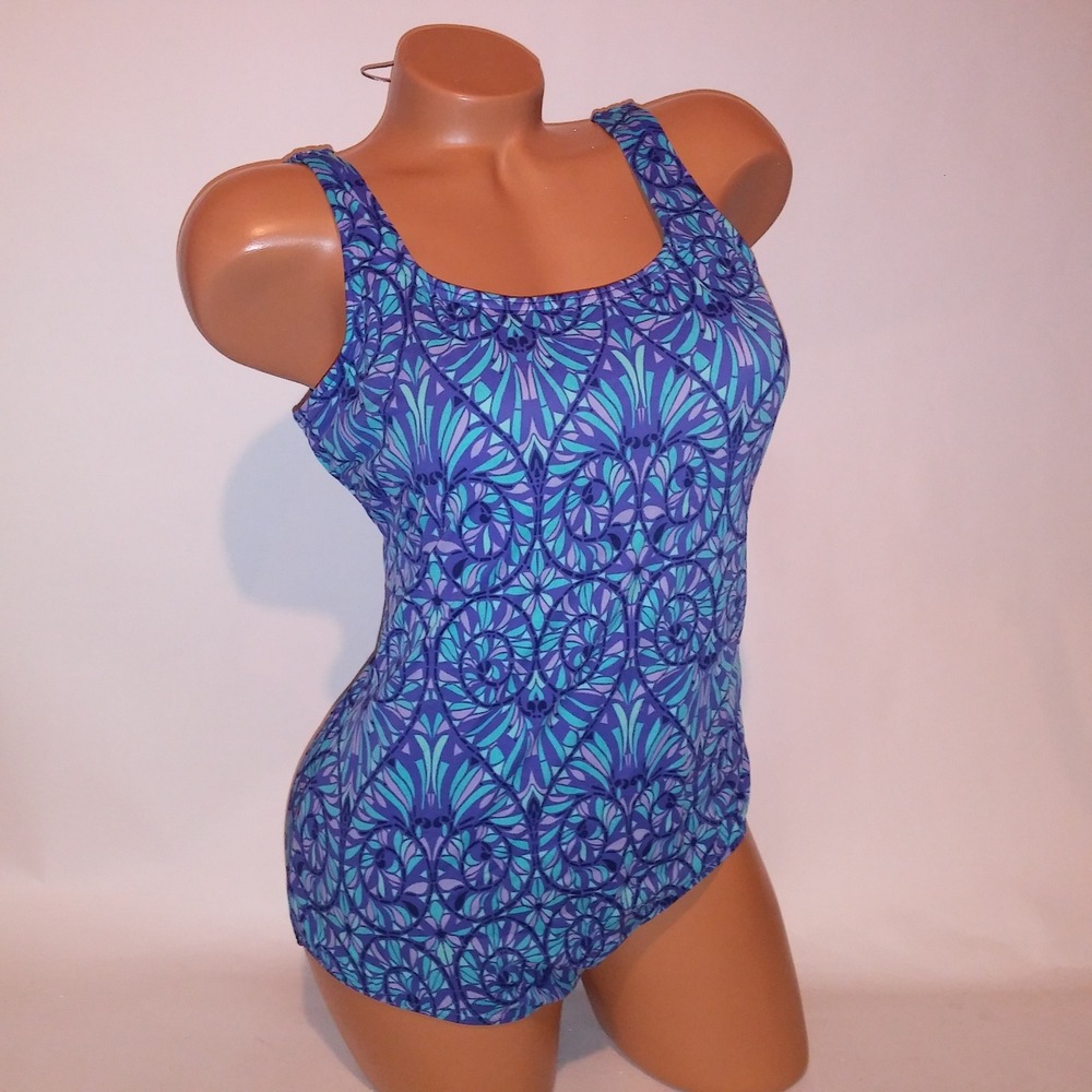 Lands End Swim One Piece Size 12 Blue Purple Geo Lightly Padded Wireless